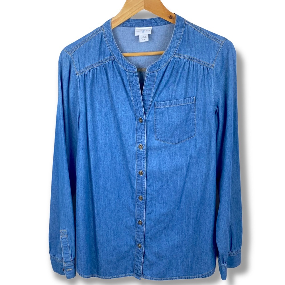 Jaclyn Smith Mandarin Collar Chambray Cotton Button Down Long Sleeve Shirt